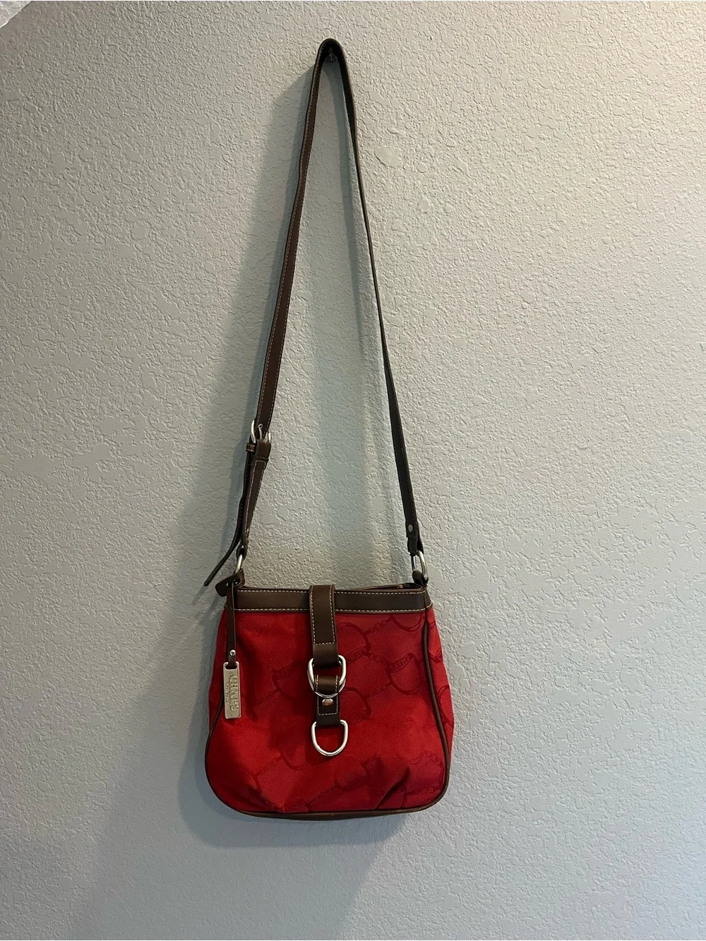 Chaps Red Shoulder Bag with Brown Trim and Buckle Detail